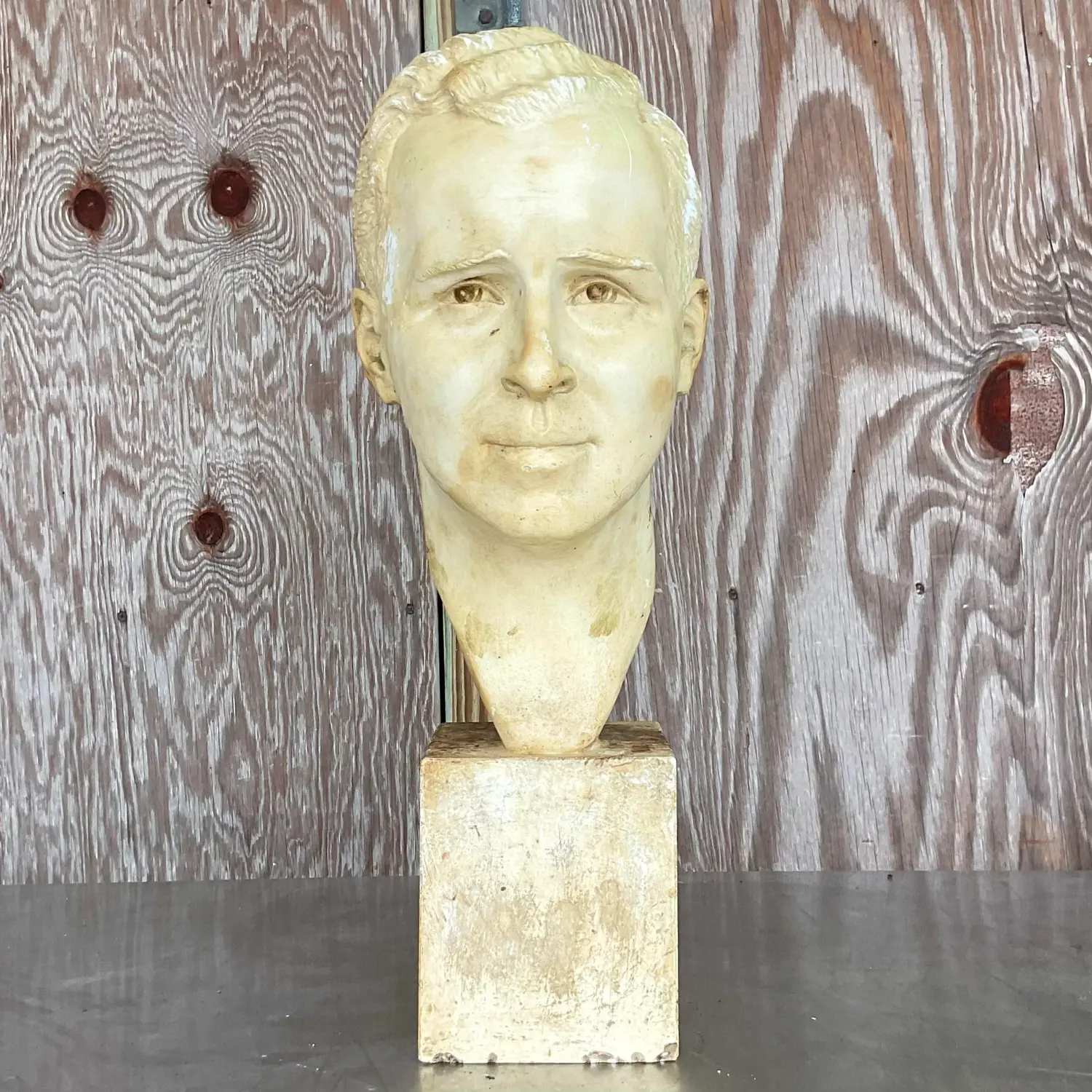 Vintage Boho 1949 Signed Plaster Bust of Man - Back view