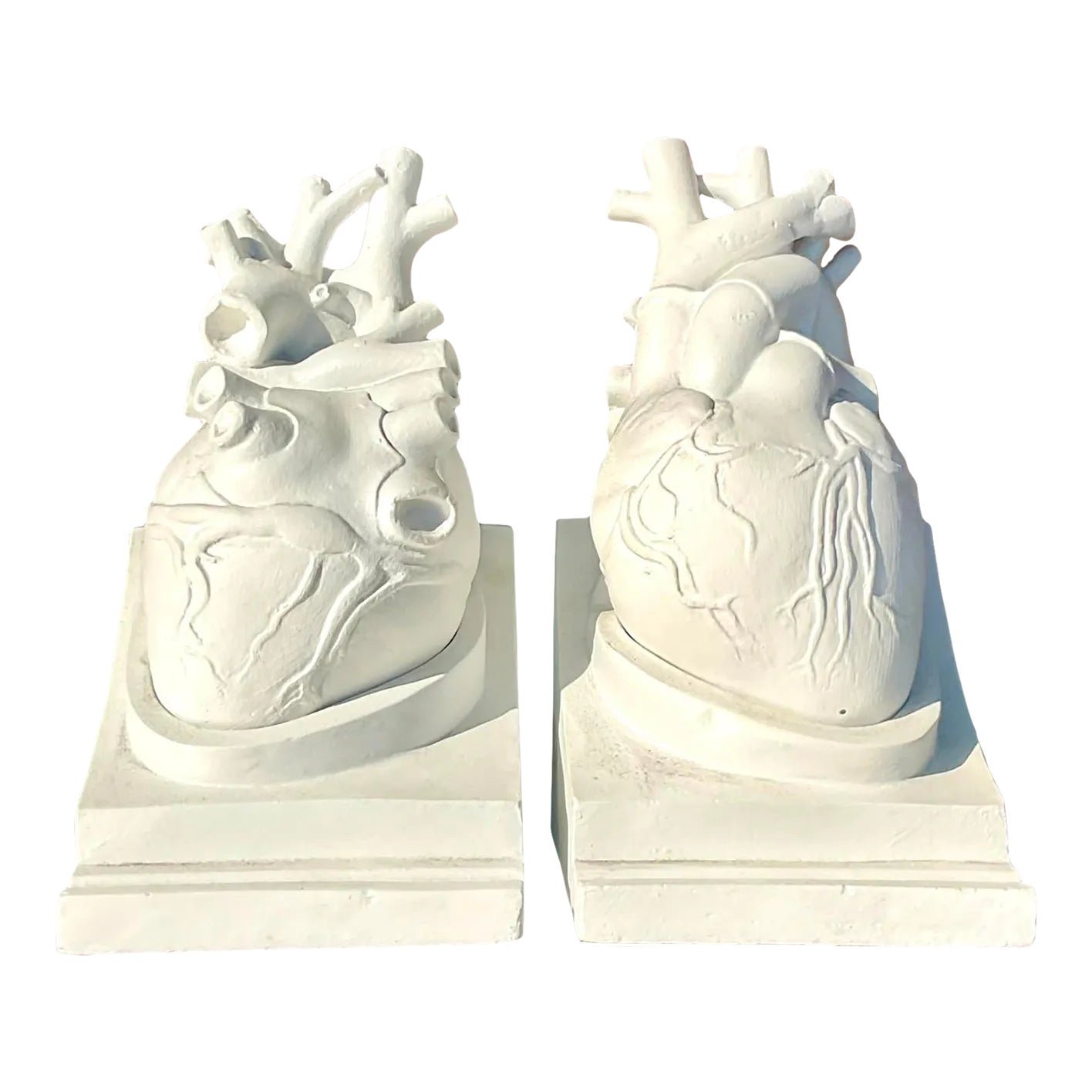 Vintage Boho 1950s Plaster Heart Bookends, Signed- Set of 2