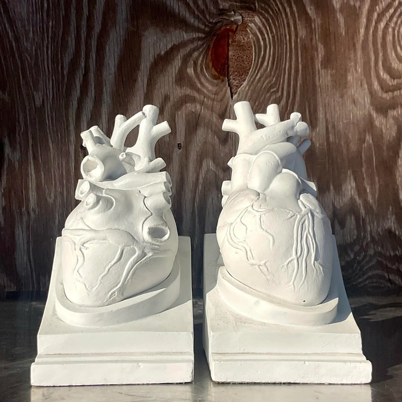Vintage Boho 1950s Plaster Heart Bookends, Signed- Set of 2 - Detail view