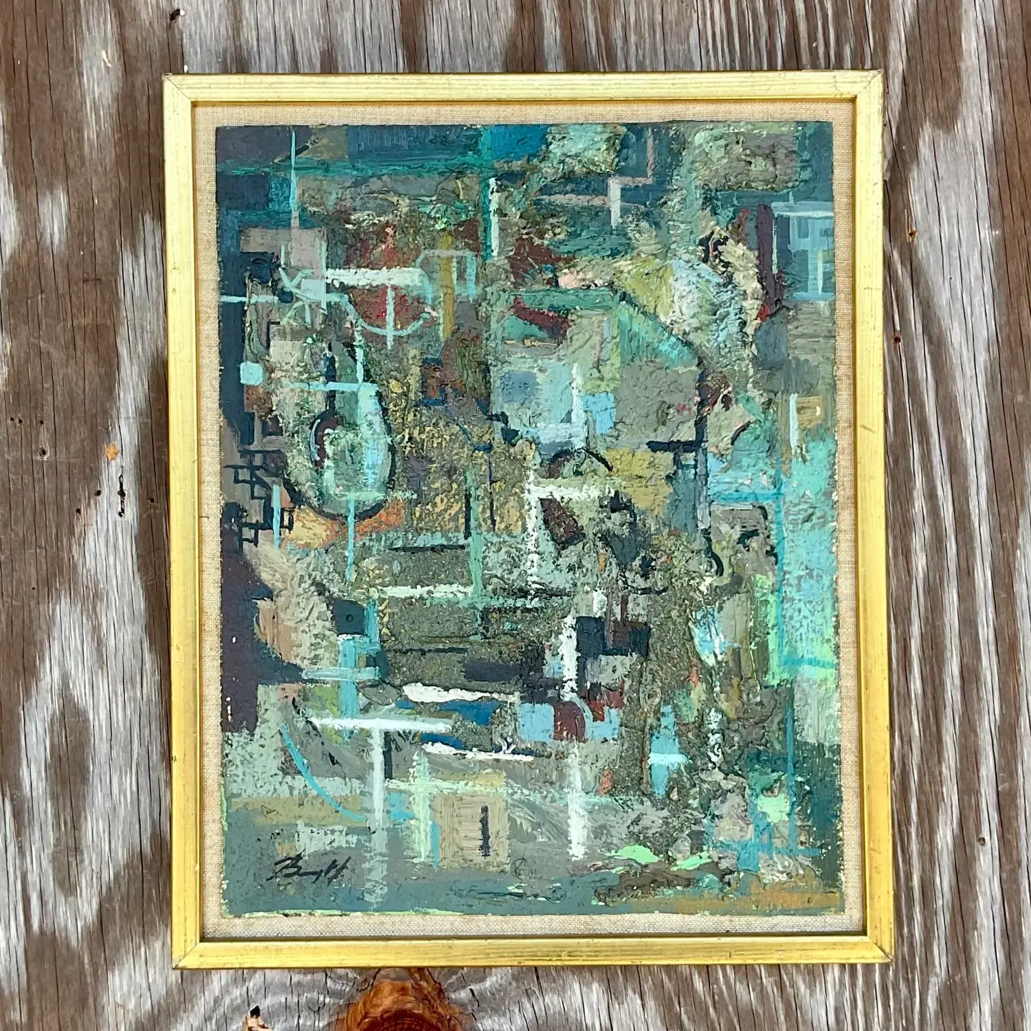Vintage Boho 1950s Signed Original Abstract Oil on Board - Top view