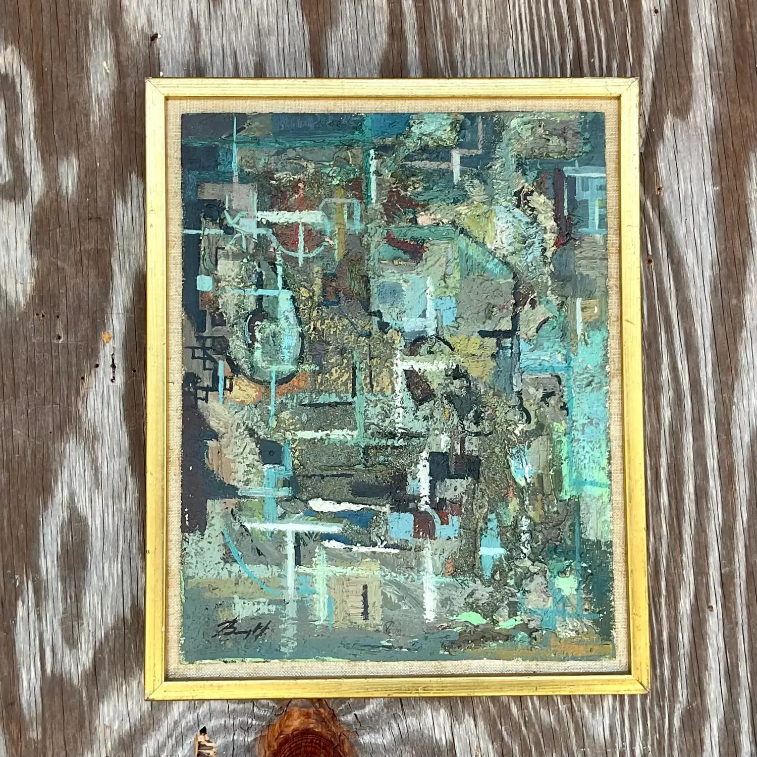 Vintage Boho 1950s Signed Original Abstract Oil on Board - Side view