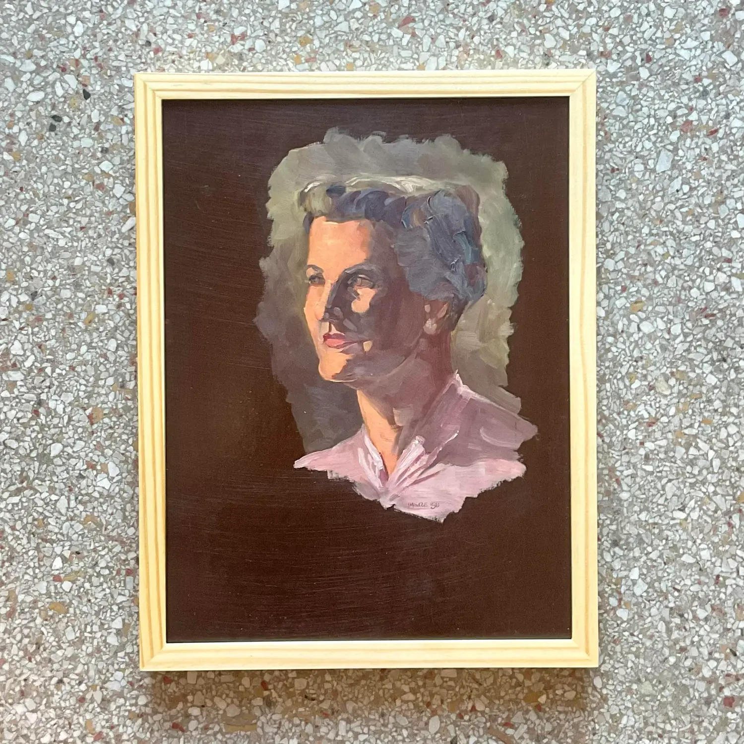 Vintage Boho 1950s Signed Original Oil Portrait on Board - Side view