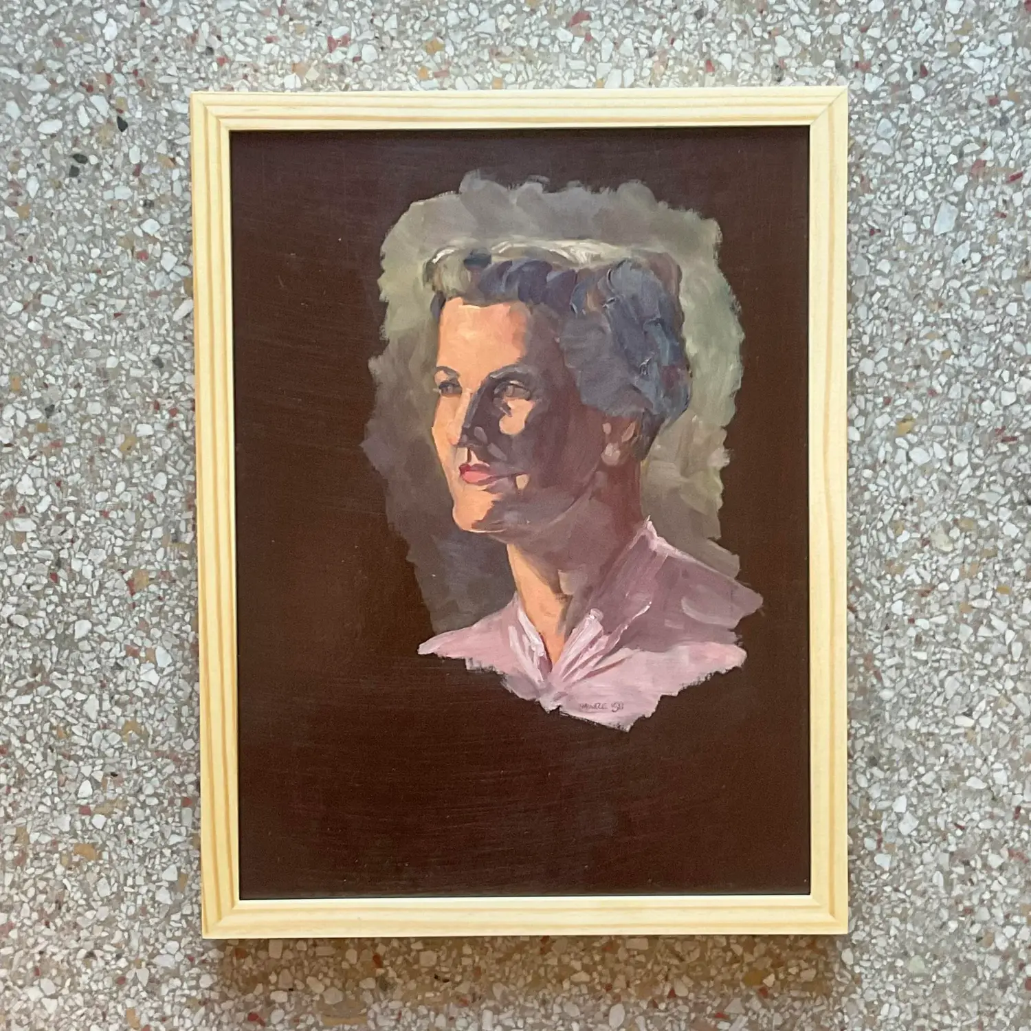 Vintage Boho 1950s Signed Original Oil Portrait on Board - Top view