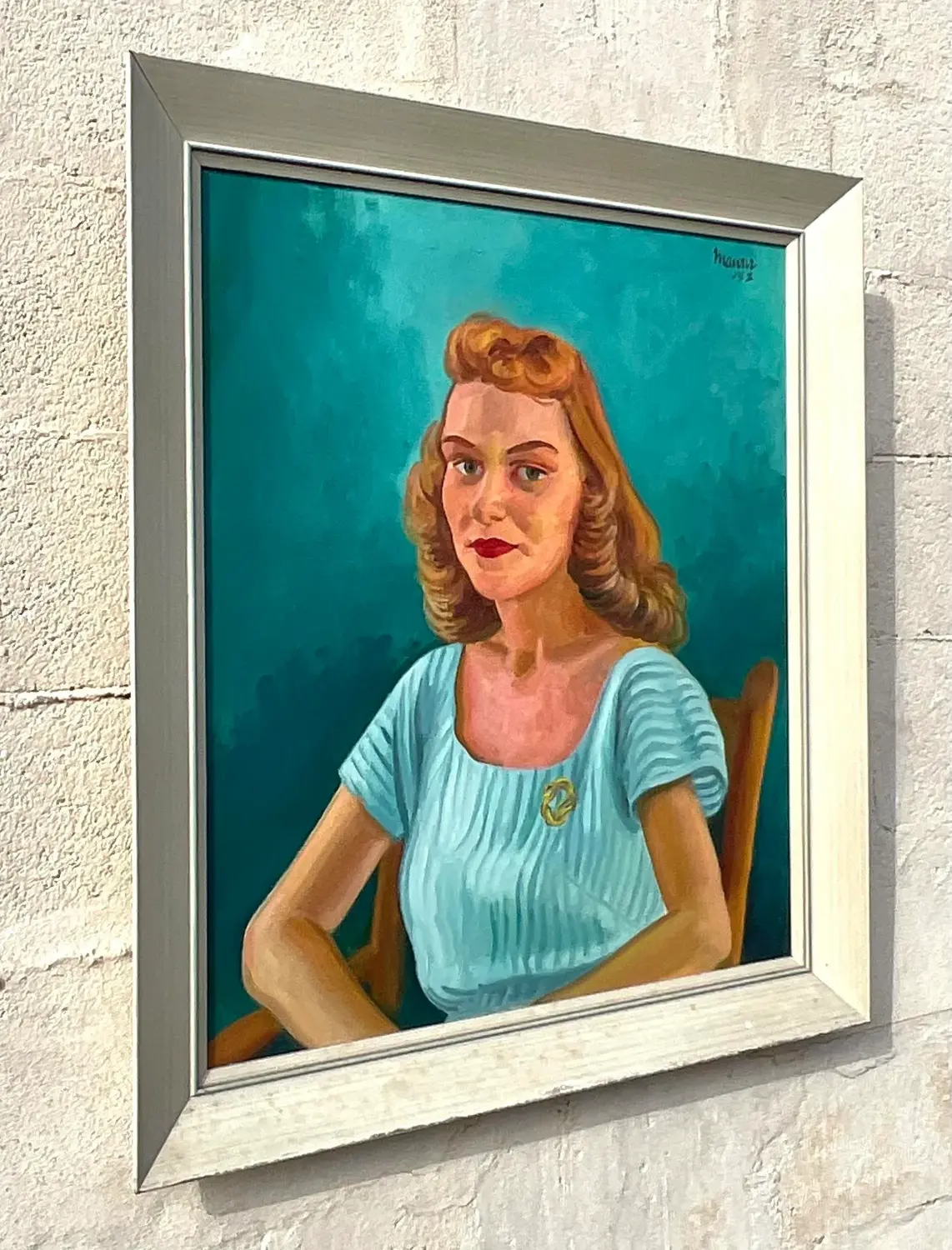 Vintage Boho 1952 Original Oil Portrait on Canvas - Side view