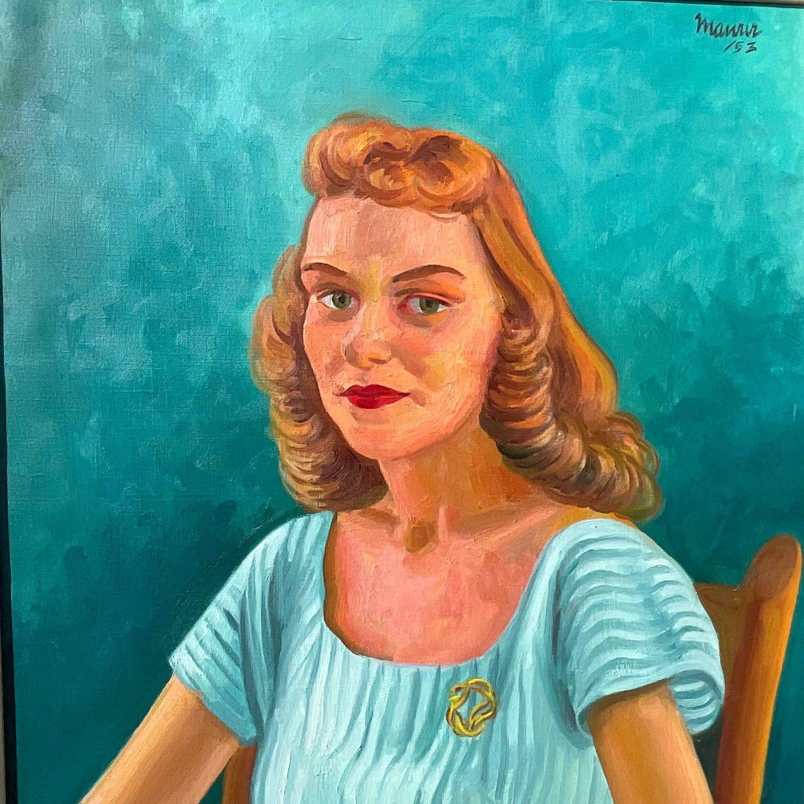 Vintage Boho 1952 Original Oil Portrait on Canvas - Detail view