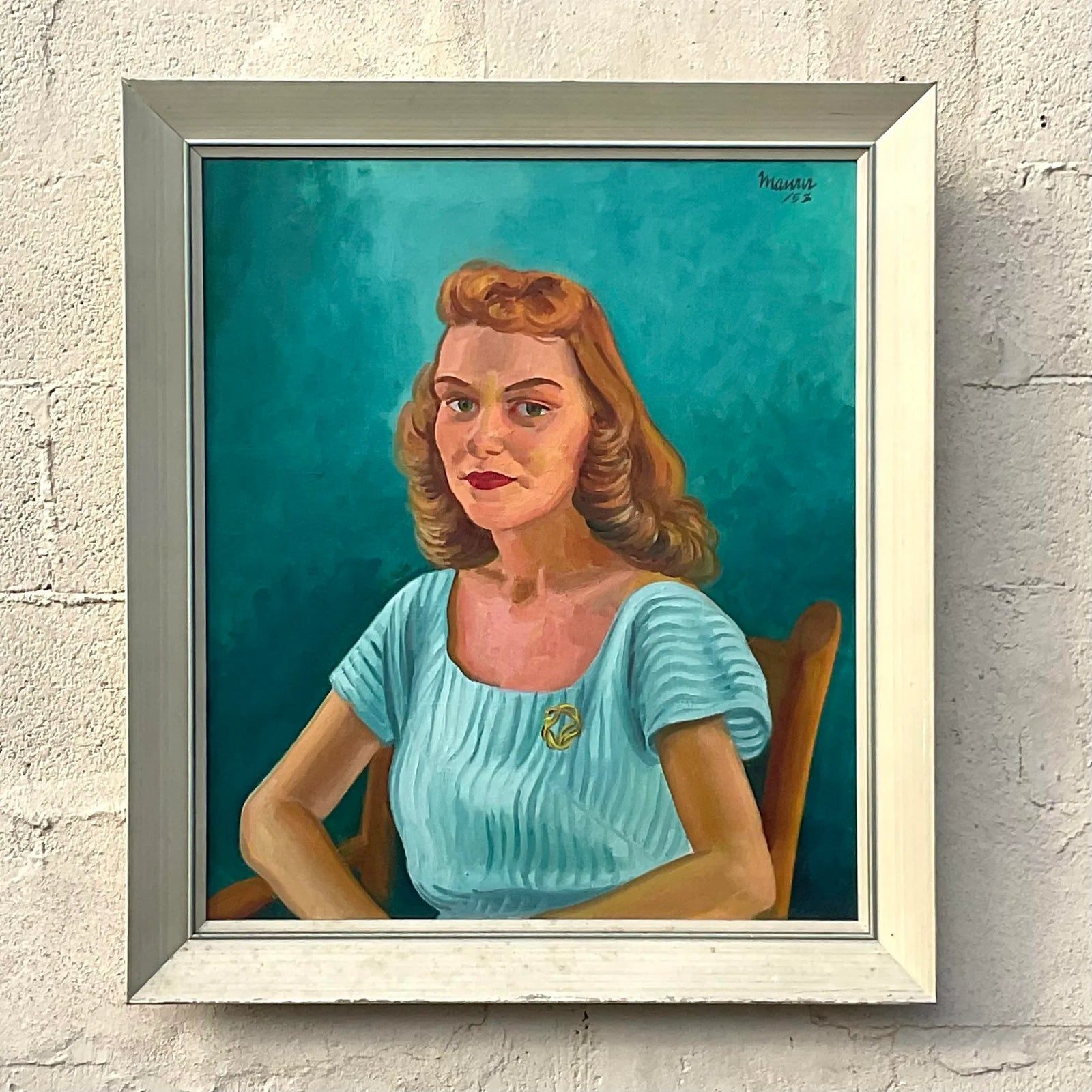 Vintage Boho 1952 Original Oil Portrait on Canvas - Top view