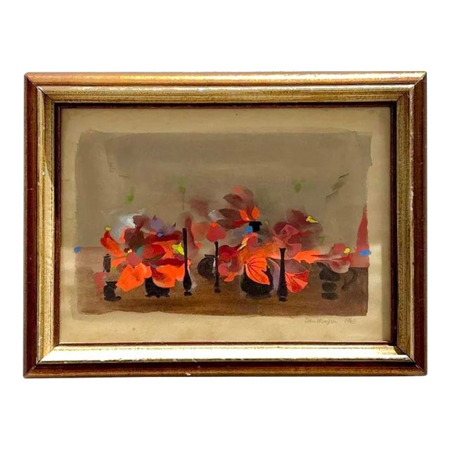 Vintage Boho 1960s Abstract Floral Painting on Paper