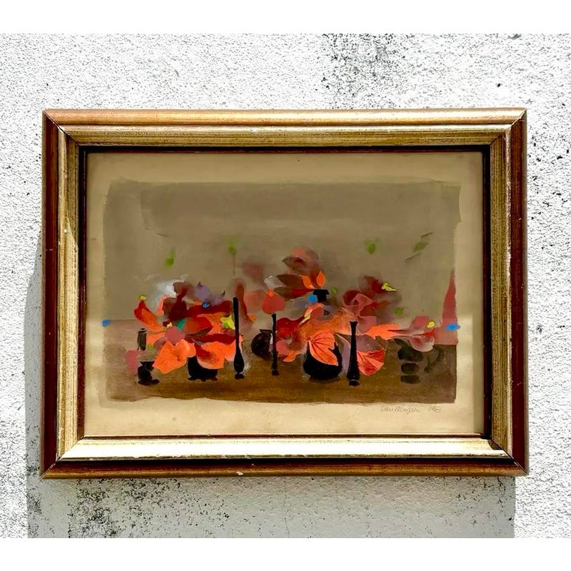 Vintage Boho 1960s Abstract Floral Painting on Paper - Detail view