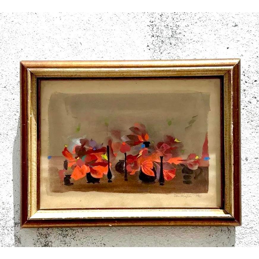 Vintage Boho 1960s Abstract Floral Painting on Paper - Side view