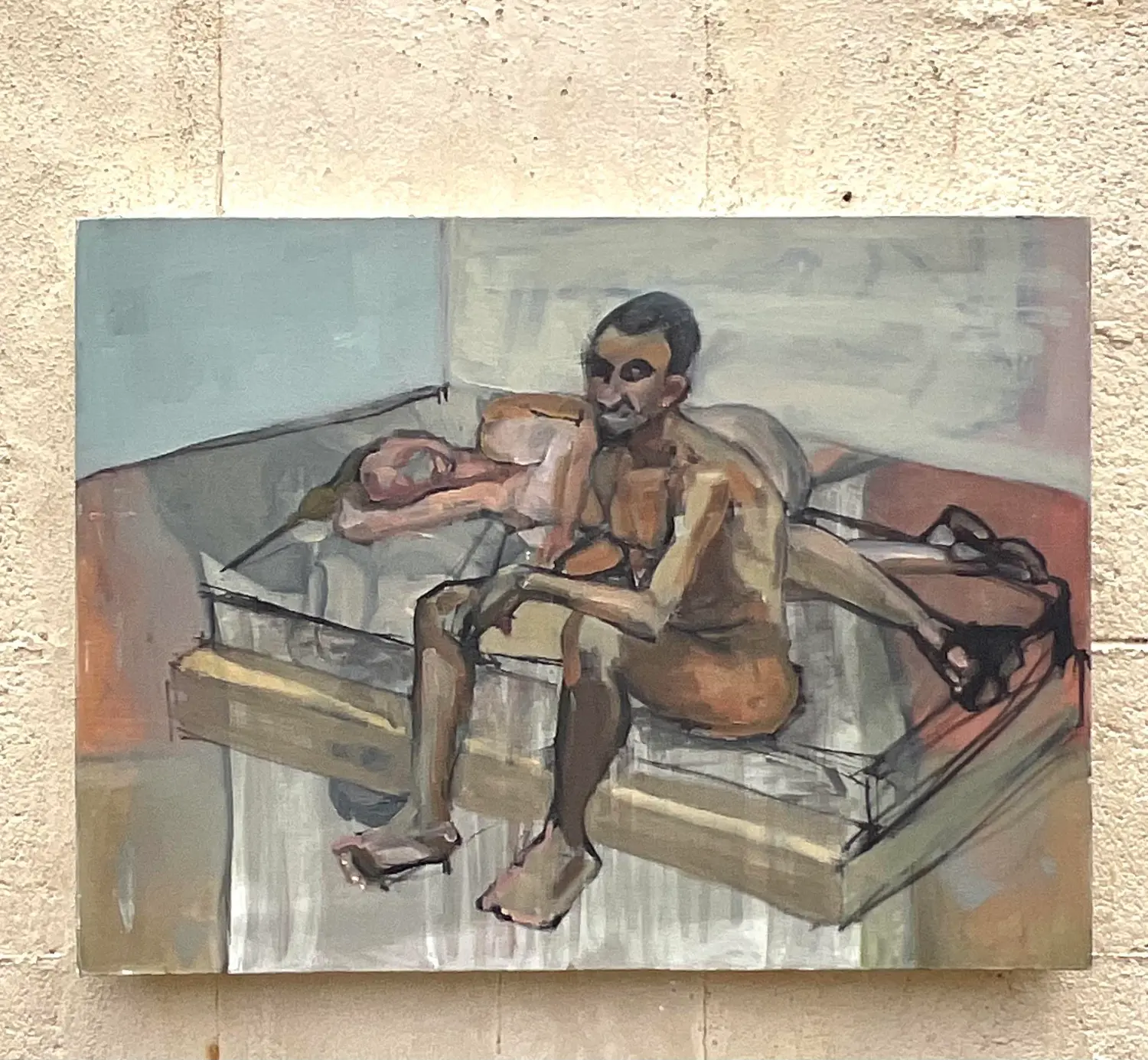 Vintage Boho 1968 Original Abstract Figural Oil on Canvas - Side view