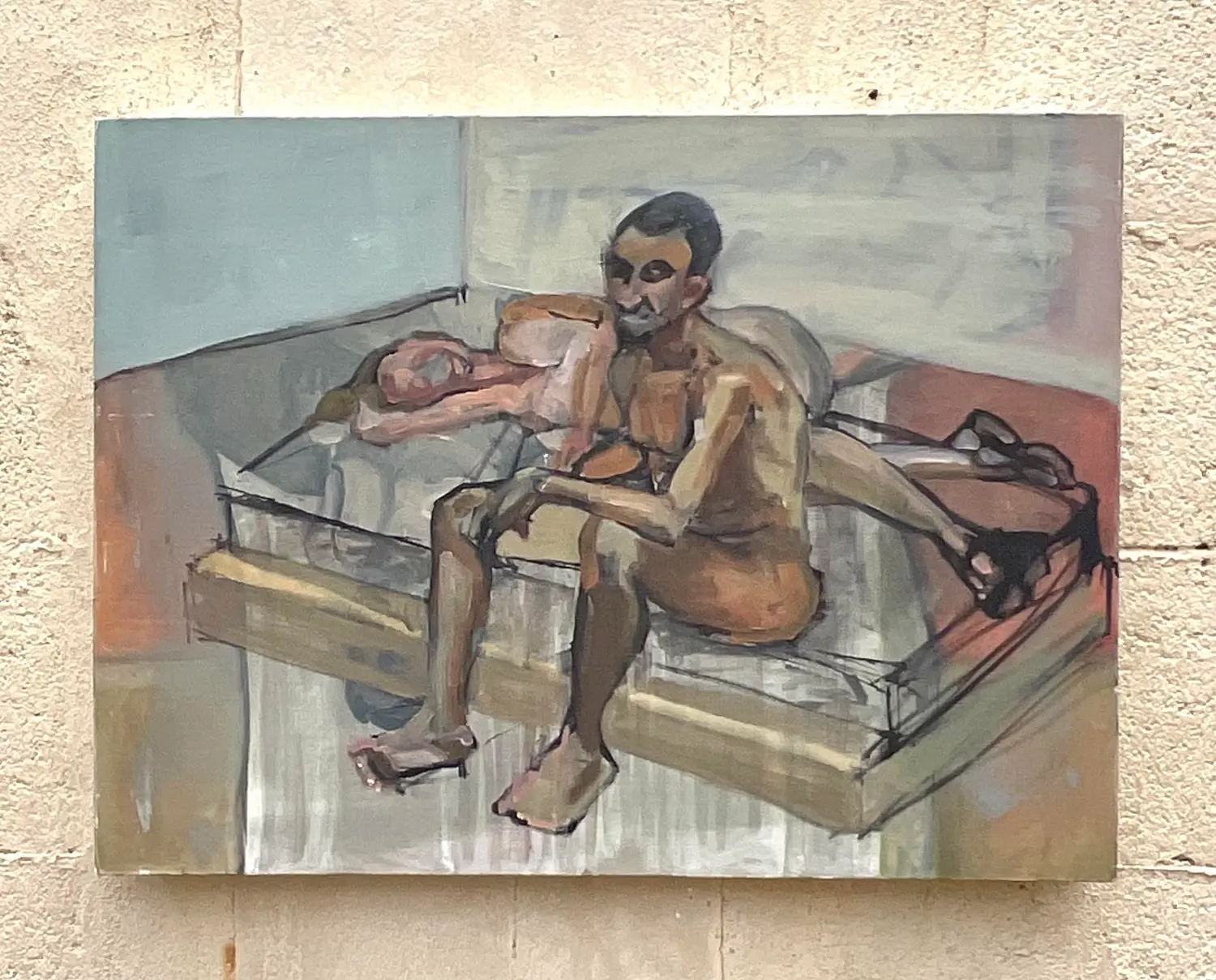 Vintage Boho 1968 Original Abstract Figural Oil on Canvas - Detail view