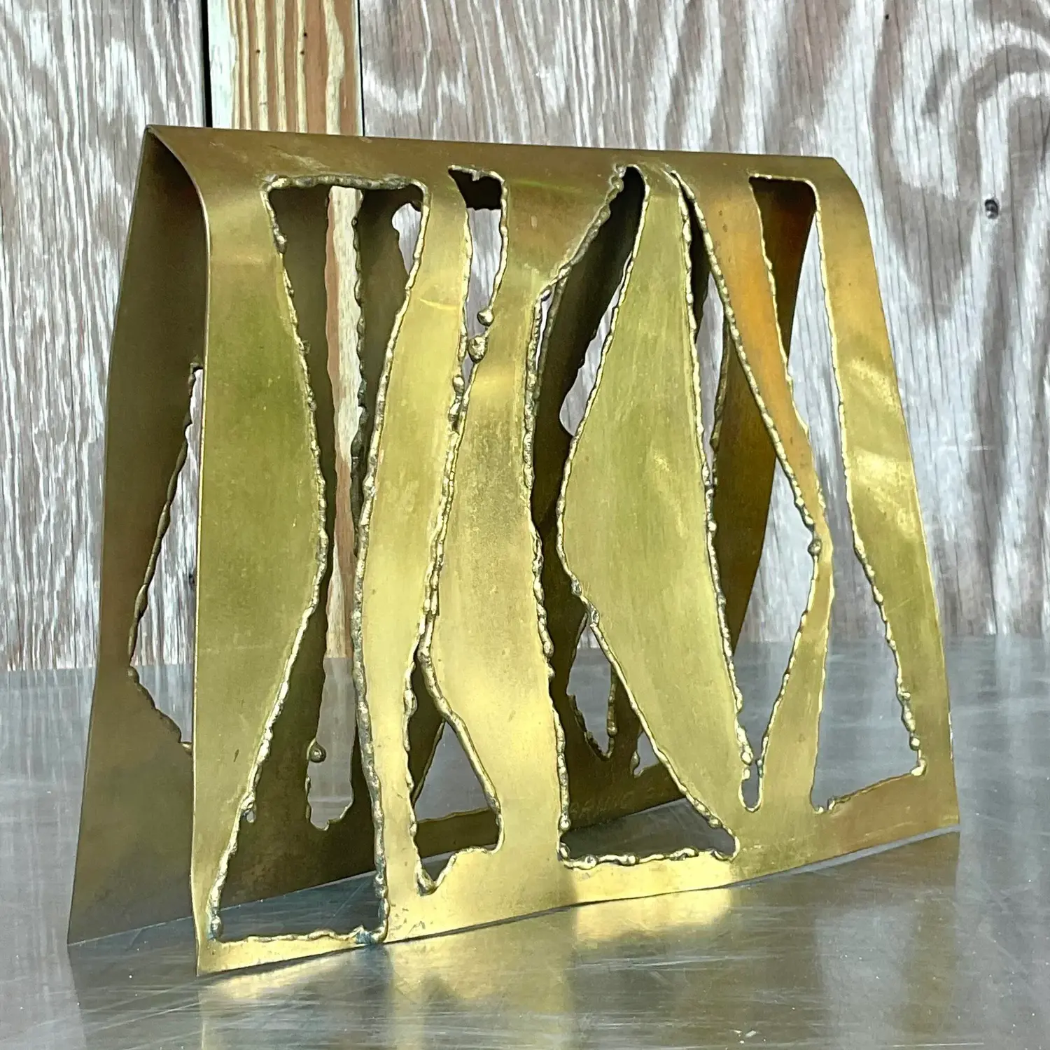 Vintage Boho 1969 Signed Torch Cut Brass Sculpture - Side view