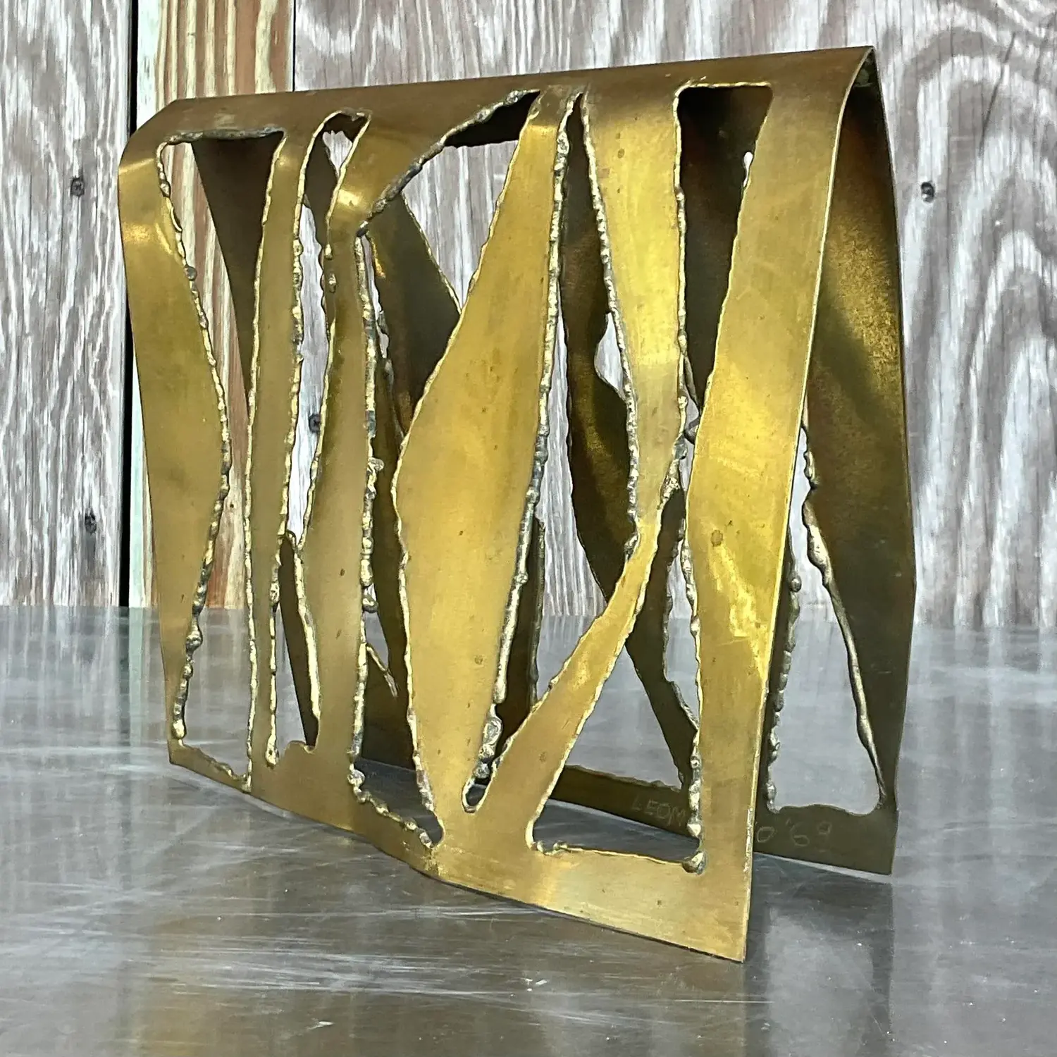Vintage Boho 1969 Signed Torch Cut Brass Sculpture - Top view