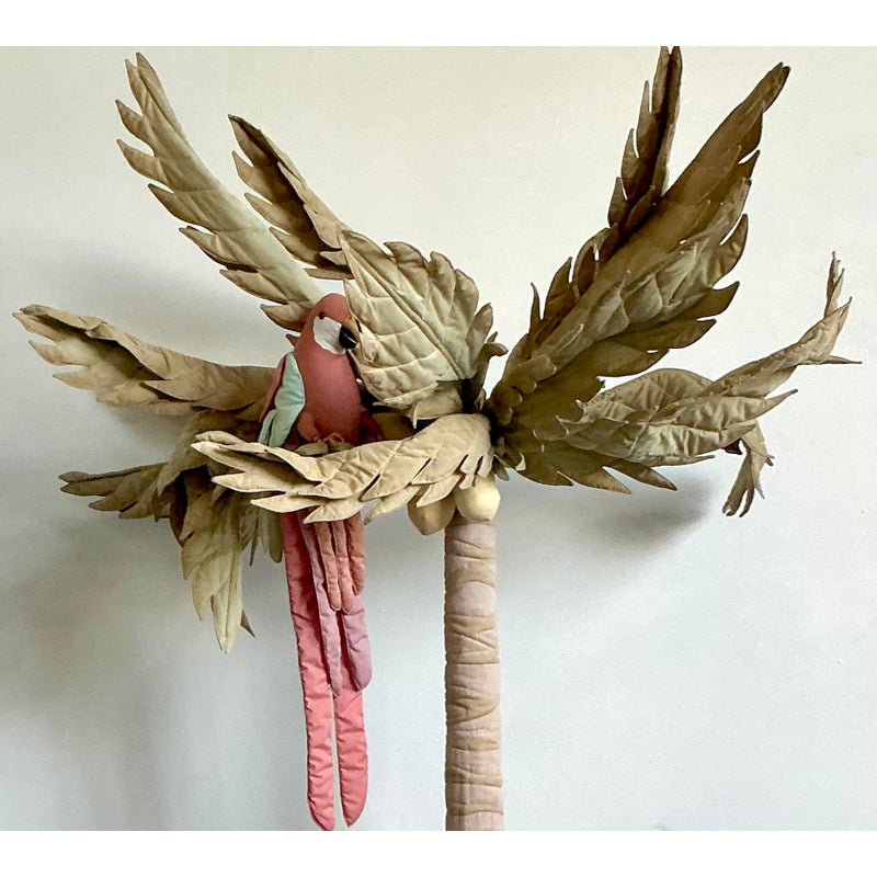 Vintage Boho 1980s Quilted Fabric Palm Tree With Parrot - Top view