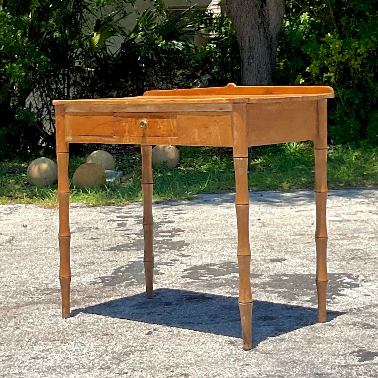Vintage Boho 19th Century Carved Bamboo Writing Desk - Detail view