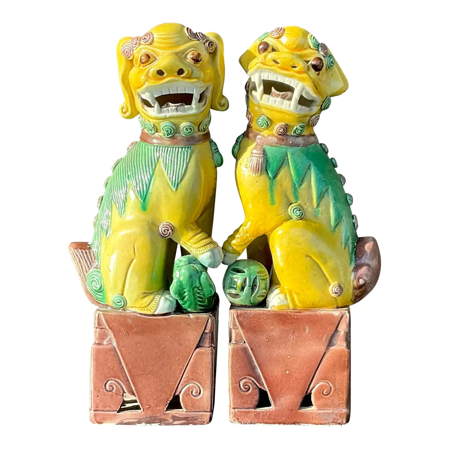 Vintage Boho 19th Century Glazed Ceramic Foo Dogs - a Pair