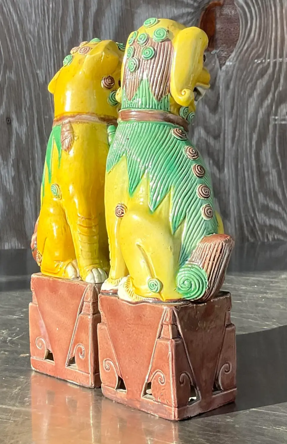 Vintage Boho 19th Century Glazed Ceramic Foo Dogs - a Pair - Side view