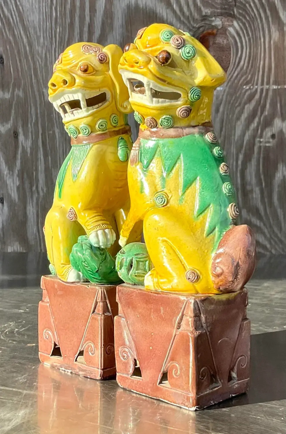 Vintage Boho 19th Century Glazed Ceramic Foo Dogs - a Pair - Back view
