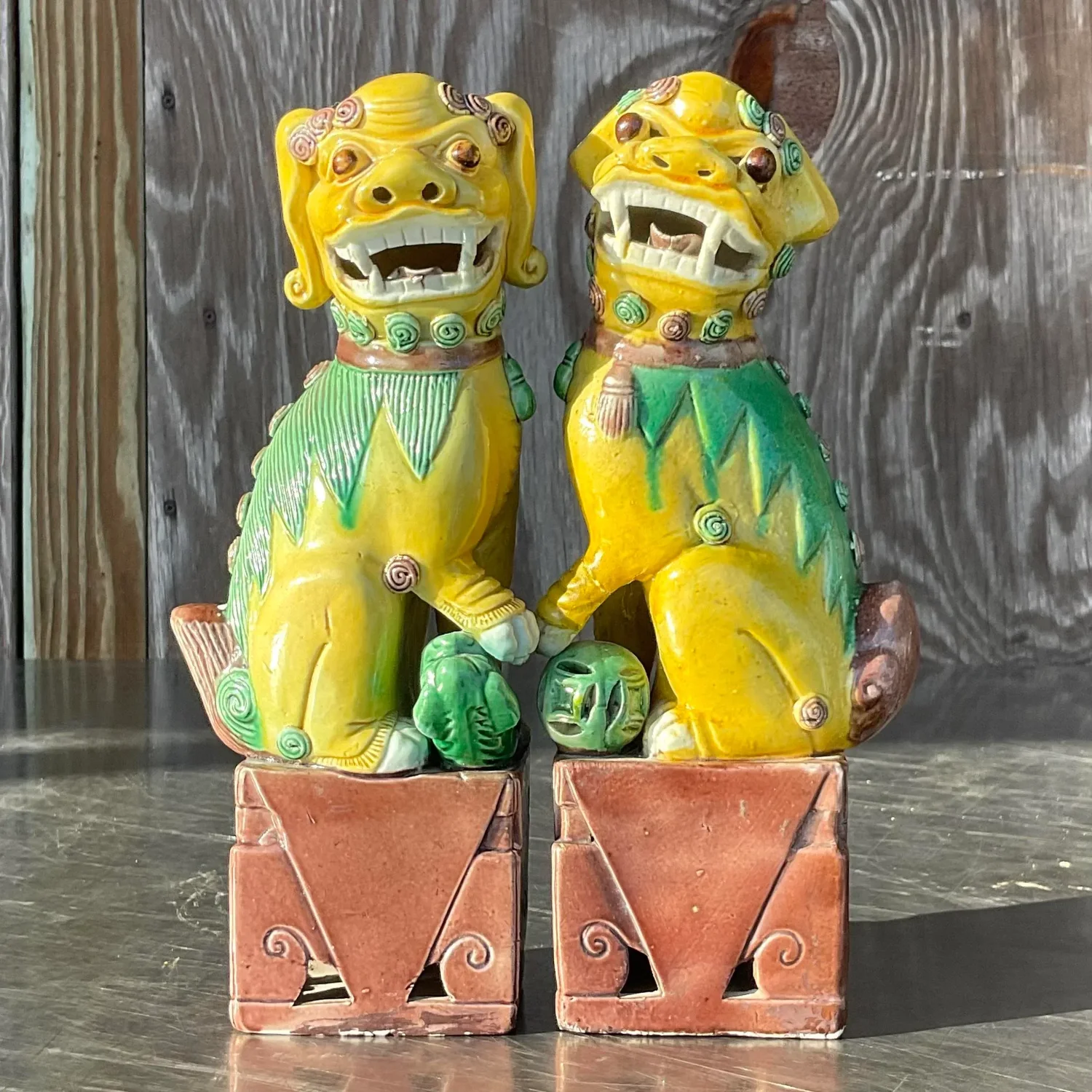 Vintage Boho 19th Century Glazed Ceramic Foo Dogs - a Pair - Top view