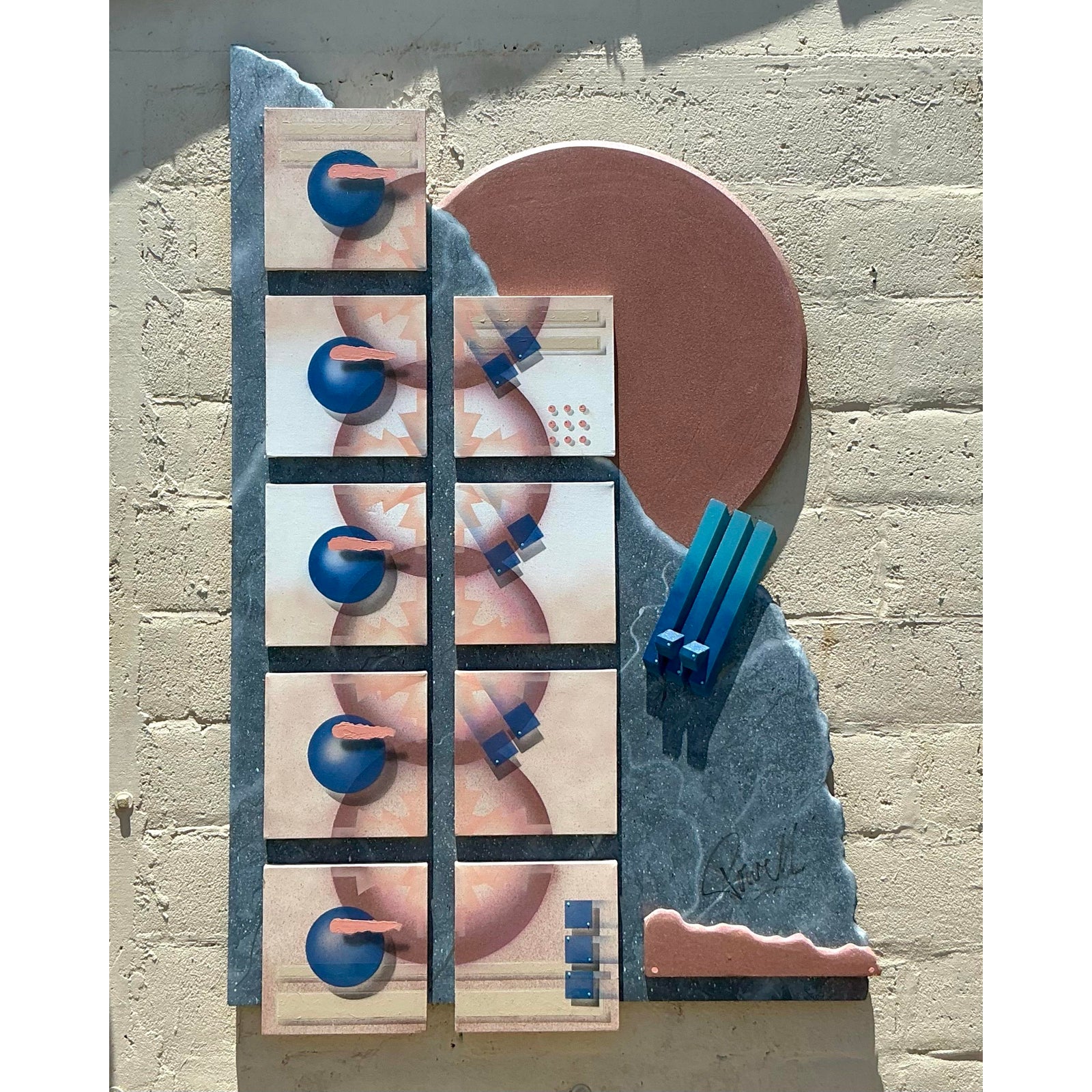 Vintage Boho 90s Abstract Geometric Mixed Media Wall Sculpture - Top view