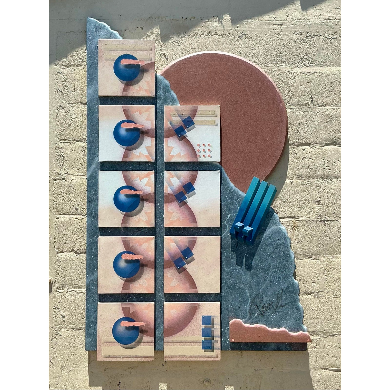 Vintage Boho 90s Abstract Geometric Mixed Media Wall Sculpture - Back view
