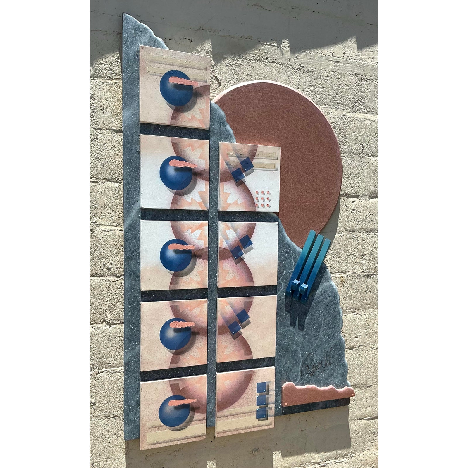 Vintage Boho 90s Abstract Geometric Mixed Media Wall Sculpture - Detail view