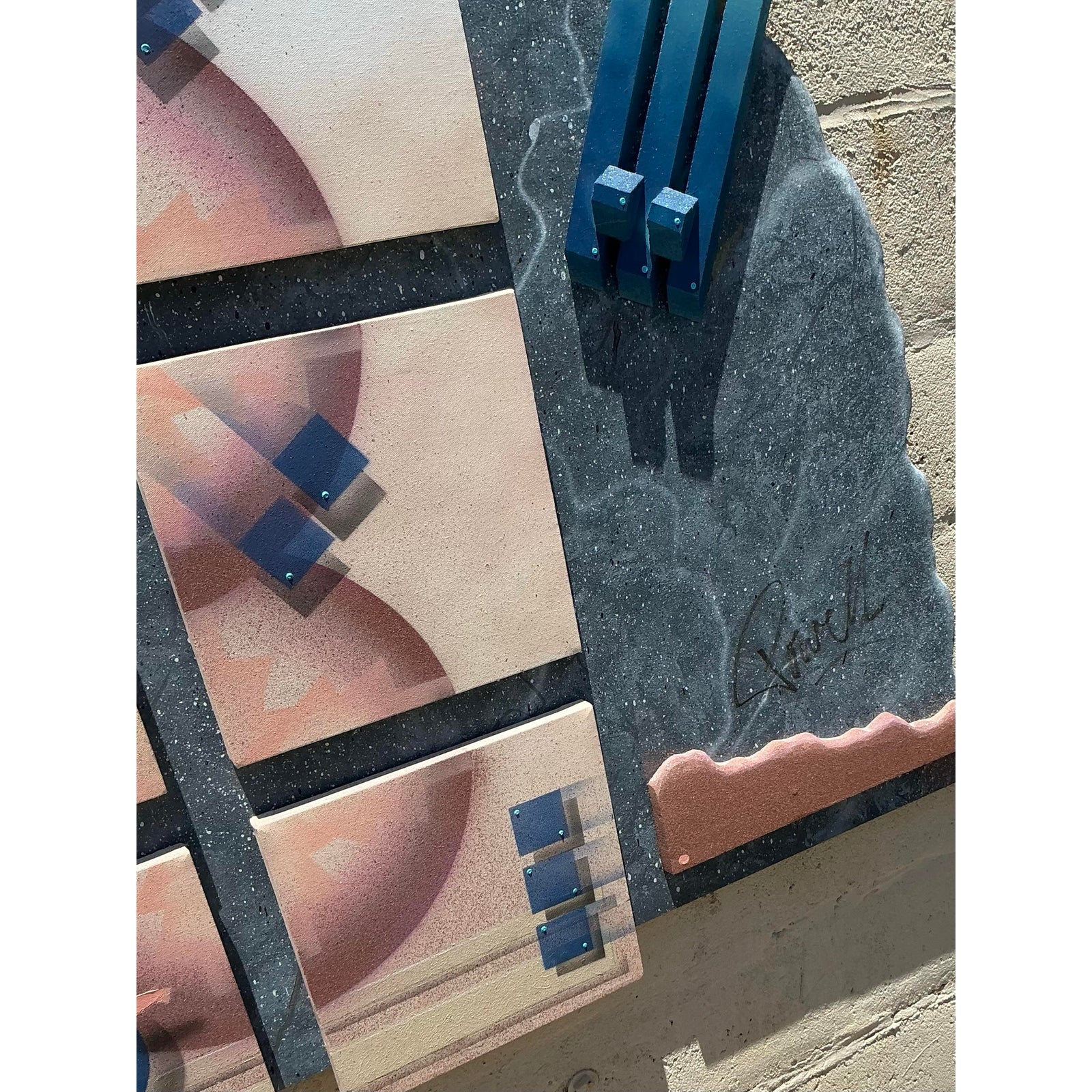 Vintage Boho 90s Abstract Geometric Mixed Media Wall Sculpture - Side view