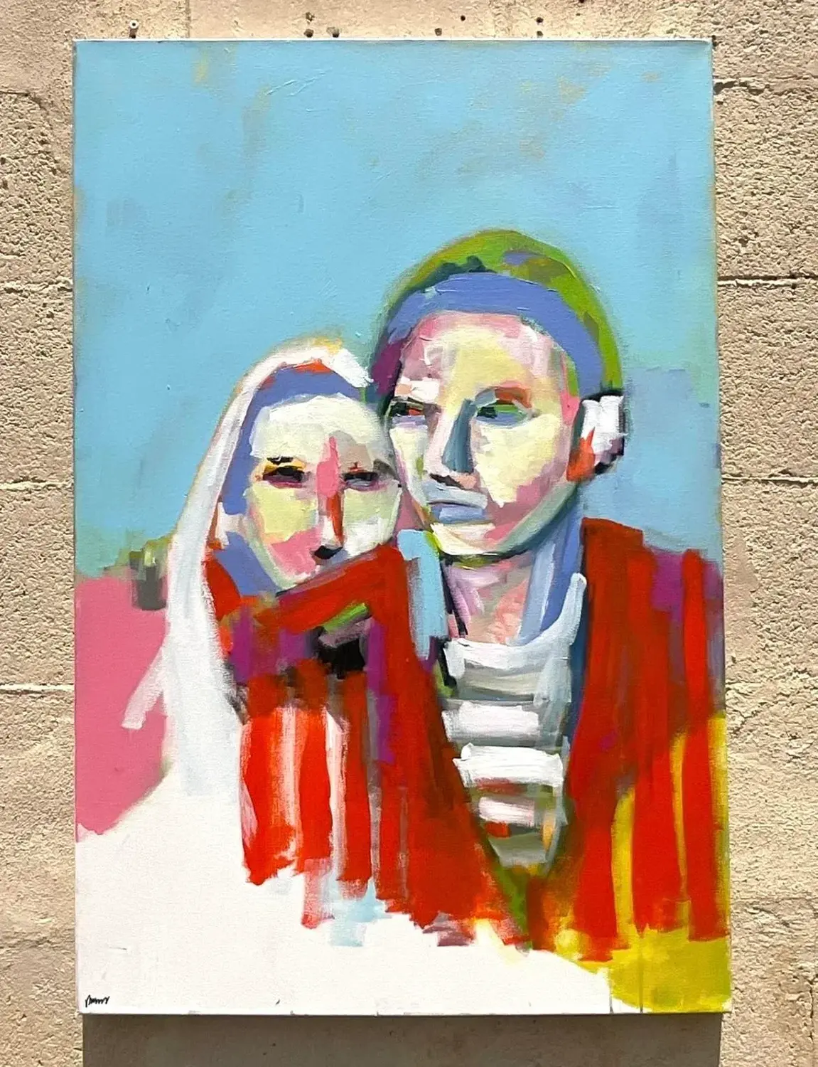 Vintage Boho Abstact Expressionist Figural Oil Painting on Canvas - Side view