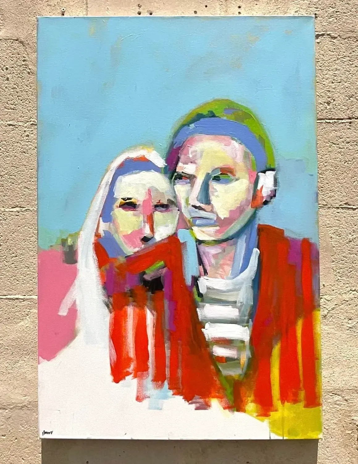 Vintage Boho Abstact Expressionist Figural Oil Painting on Canvas - Top view