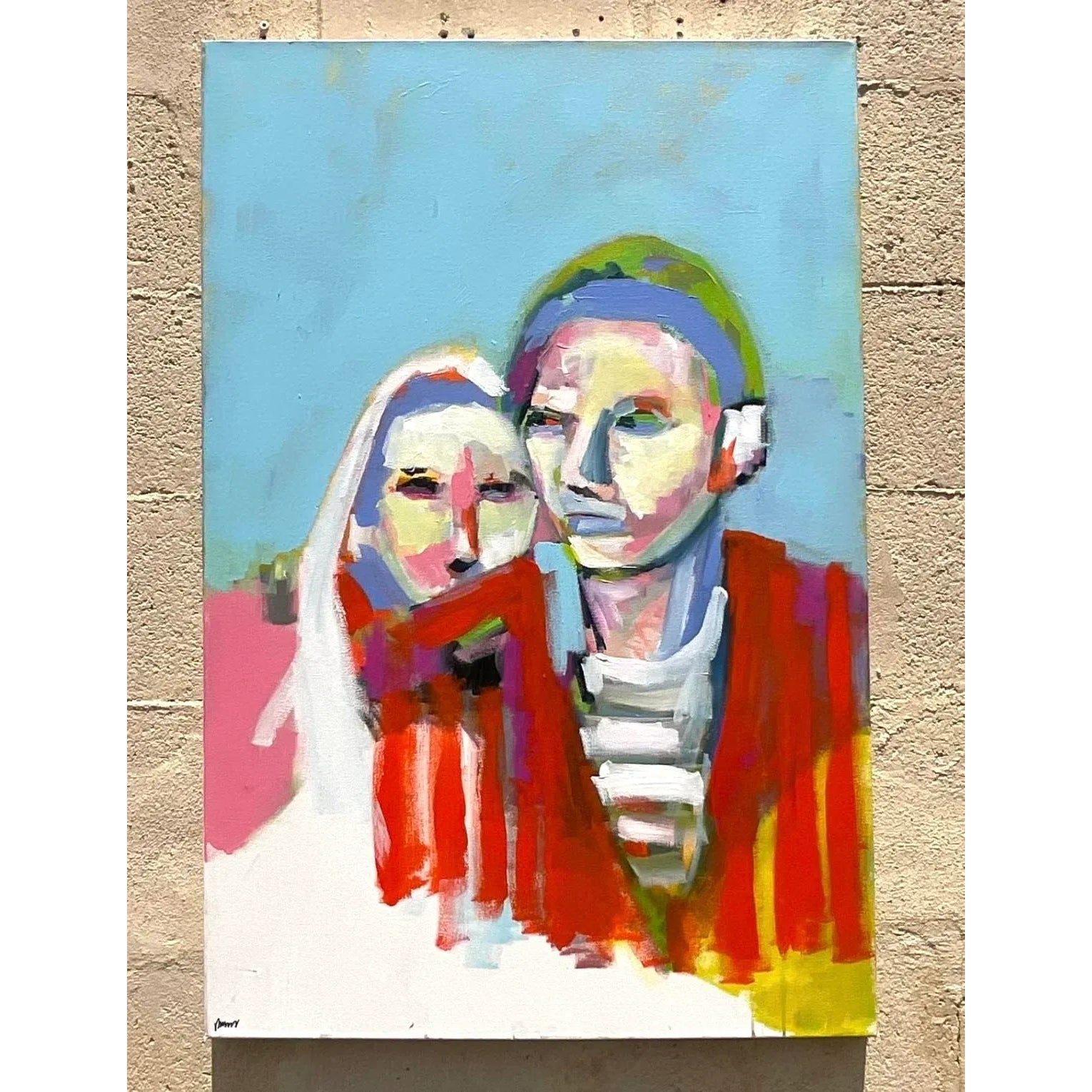 Vintage Boho Abstact Expressionist Figural Oil Painting on Canvas - Side view