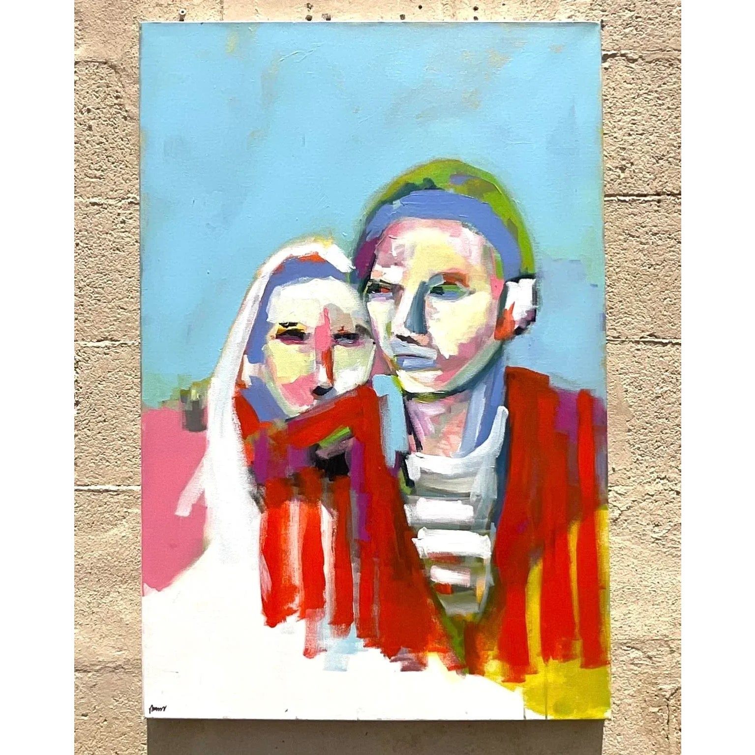 Vintage Boho Abstact Expressionist Figural Oil Painting on Canvas - Top view