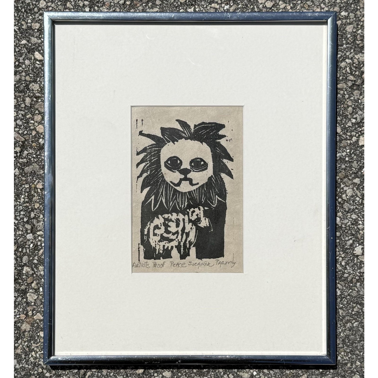 Vintage Boho Abstract Block Print on Paper Signed by Artist - Detail view
