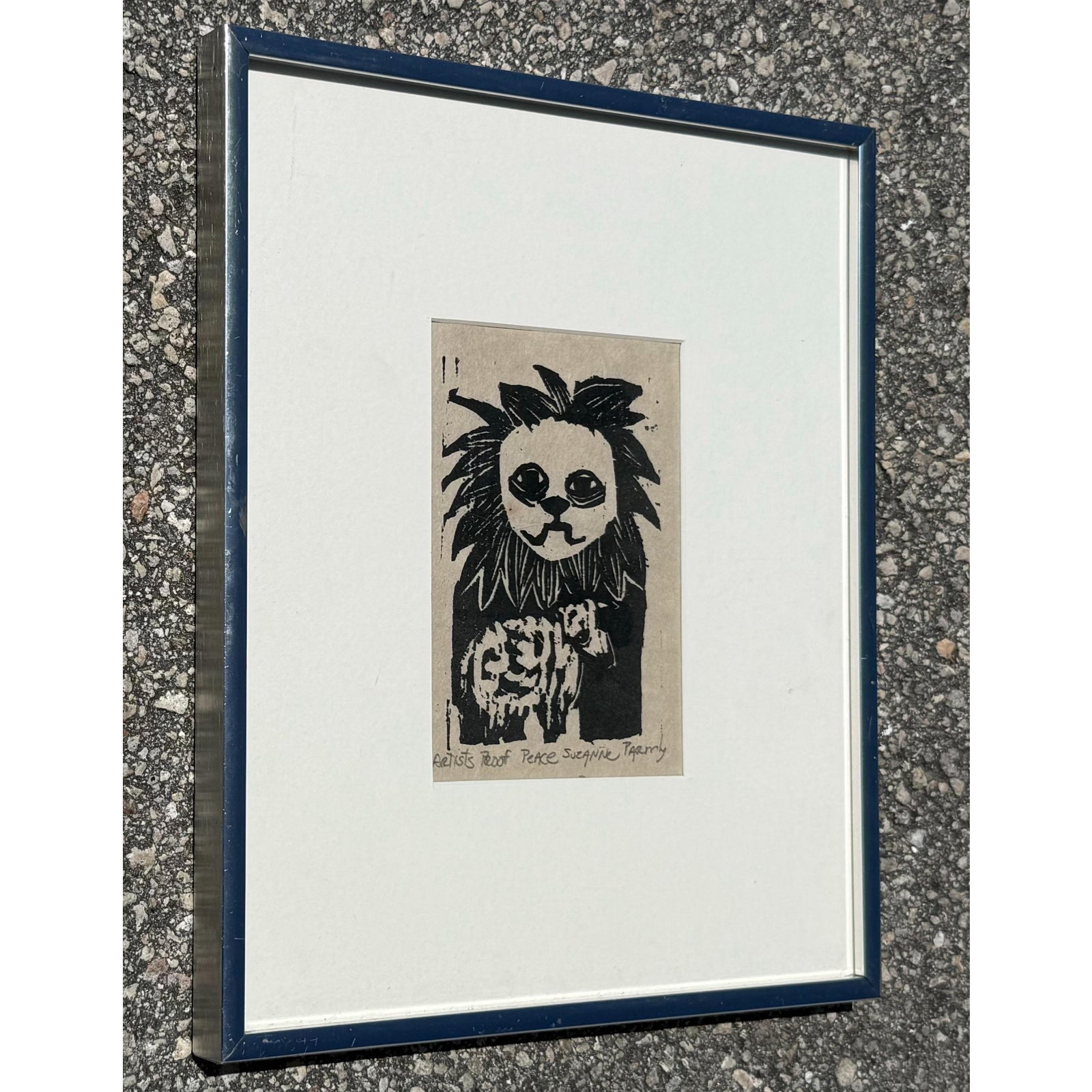 Vintage Boho Abstract Block Print on Paper Signed by Artist - Side view