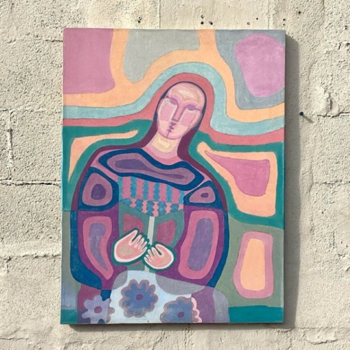 Vintage Boho Abstract Figural Oil on Canvas - Side view