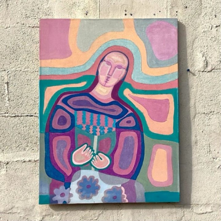Vintage Boho Abstract Figural Oil on Canvas - Back view