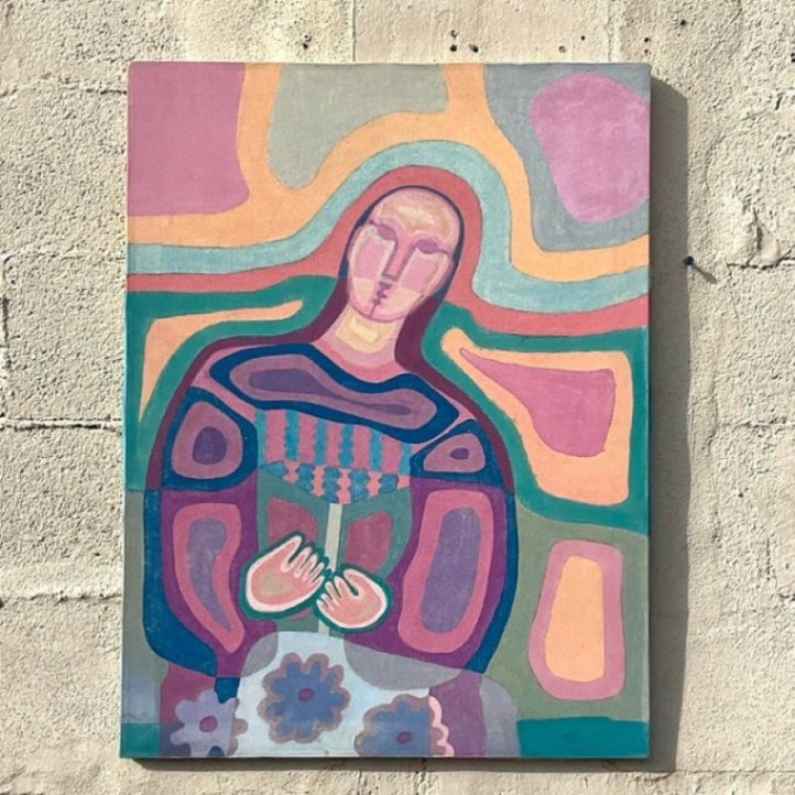 Vintage Boho Abstract Figural Oil on Canvas - Detail view