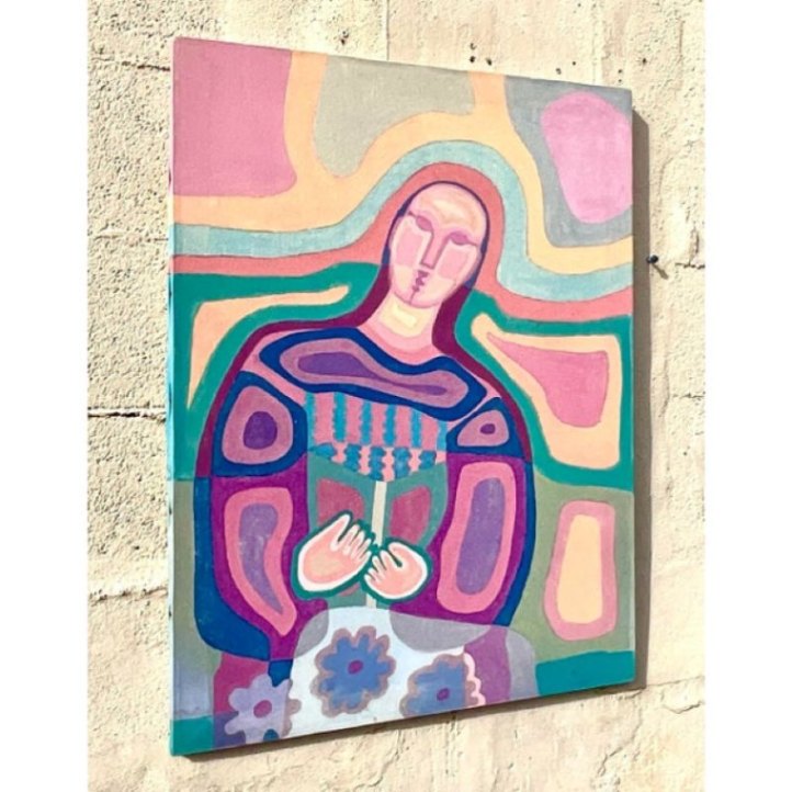 Vintage Boho Abstract Figural Oil on Canvas - Top view