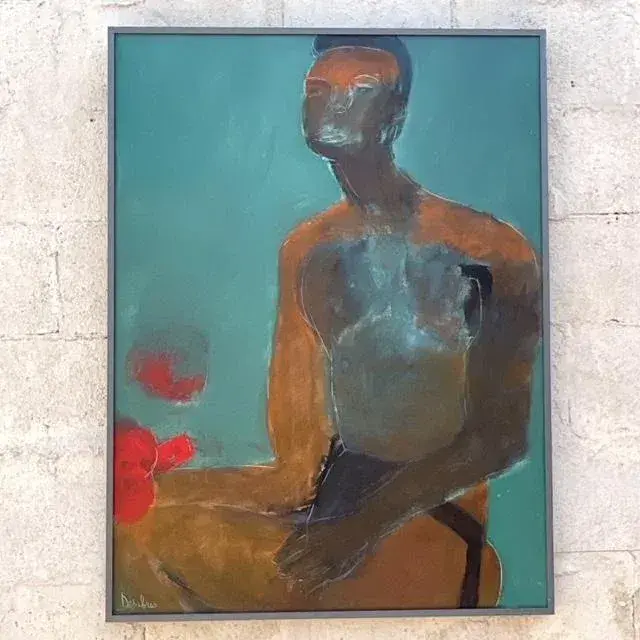 Vintage Boho Abstract Figural Oil on Canvas Painting - Side view