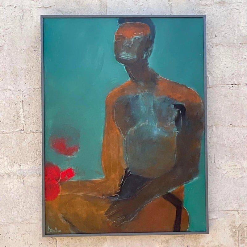 Vintage Boho Abstract Figural Oil on Canvas Painting - Detail view
