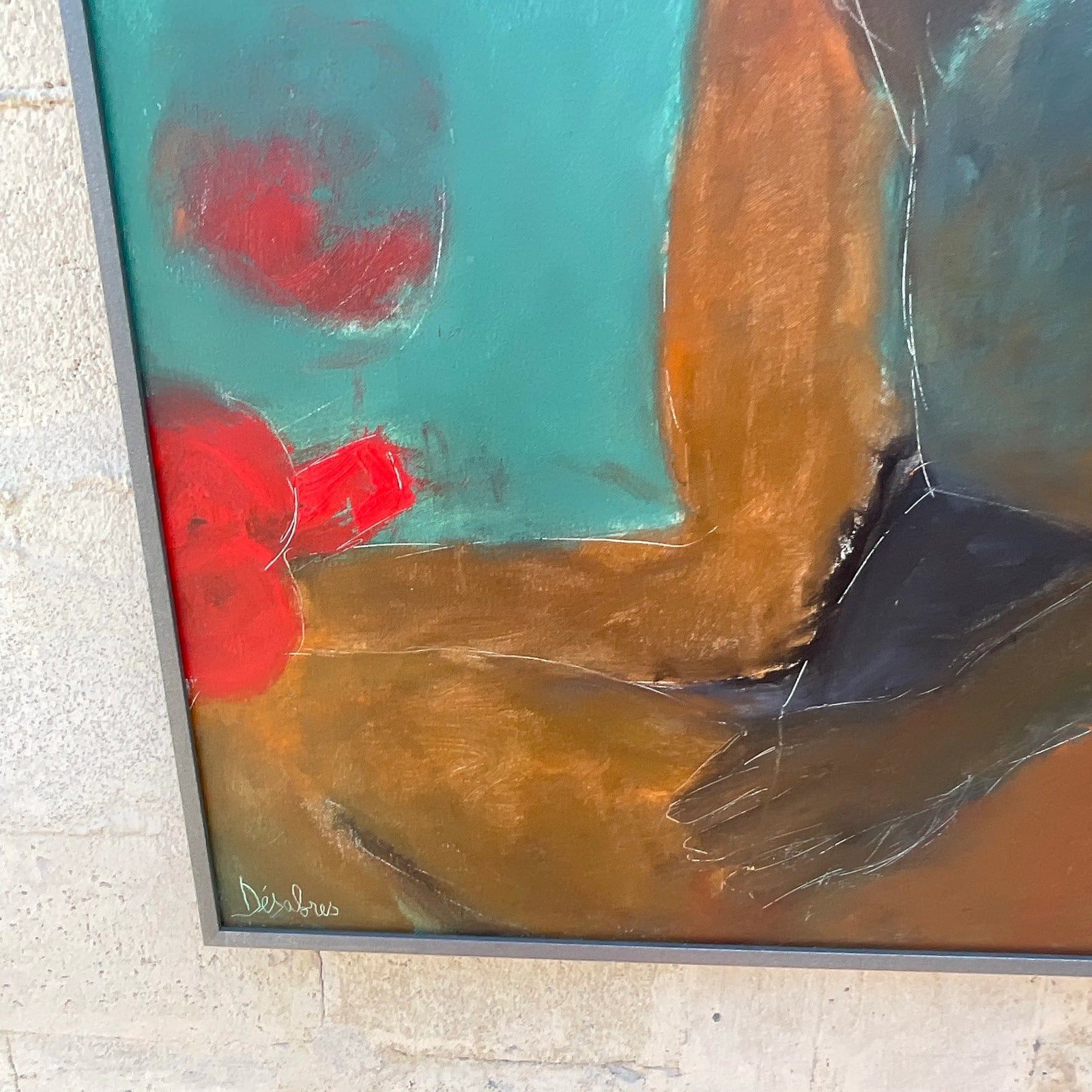 Vintage Boho Abstract Figural Oil on Canvas Painting - Top view