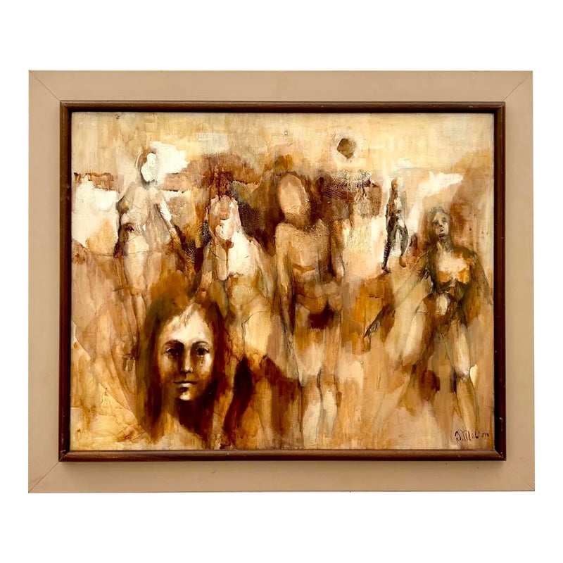 Vintage Boho Abstract Figurative Oil Painting by D. Melton