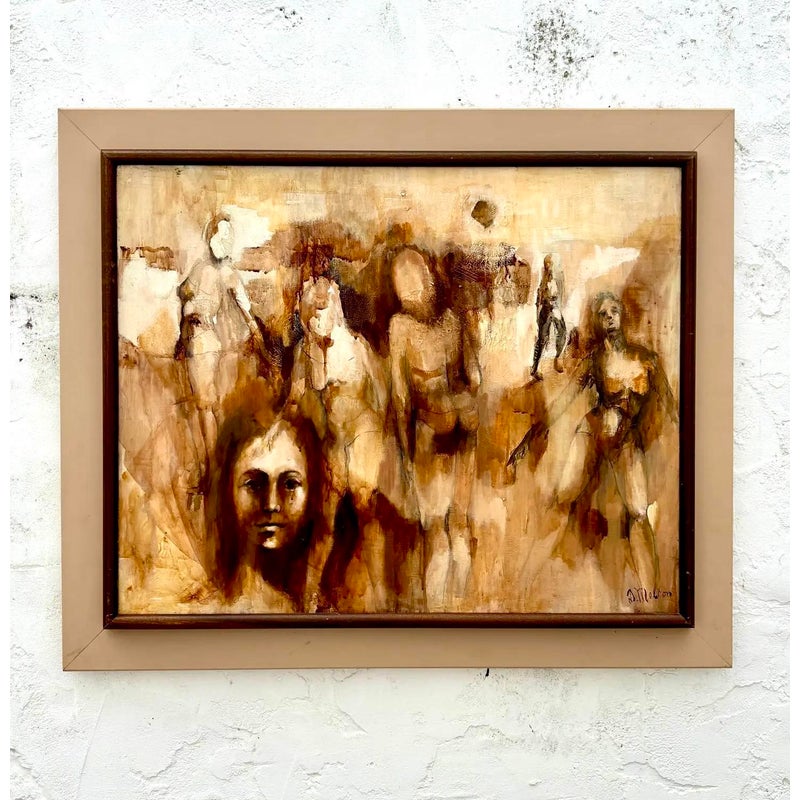 Vintage Boho Abstract Figurative Oil Painting by D. Melton - Detail view
