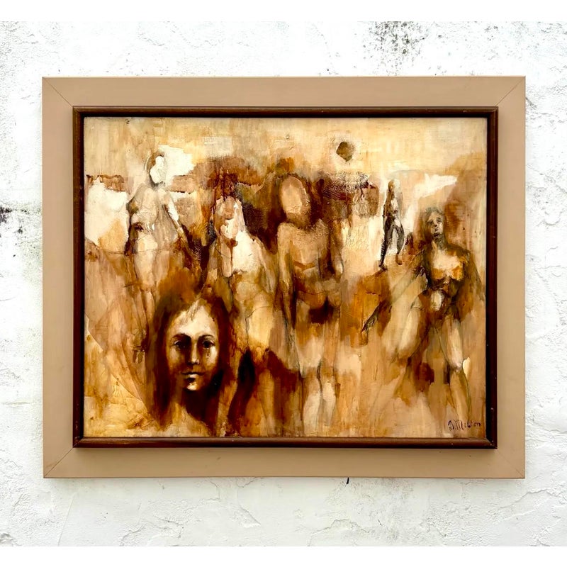Vintage Boho Abstract Figurative Oil Painting by D. Melton - Side view