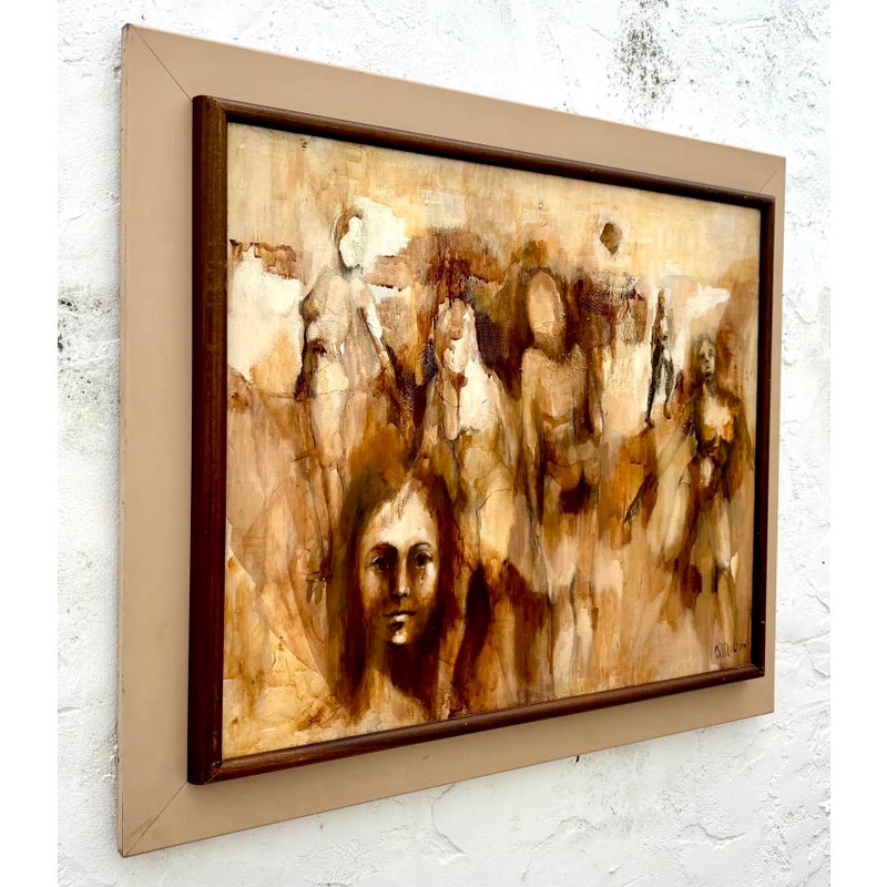 Vintage Boho Abstract Figurative Oil Painting by D. Melton - Back view
