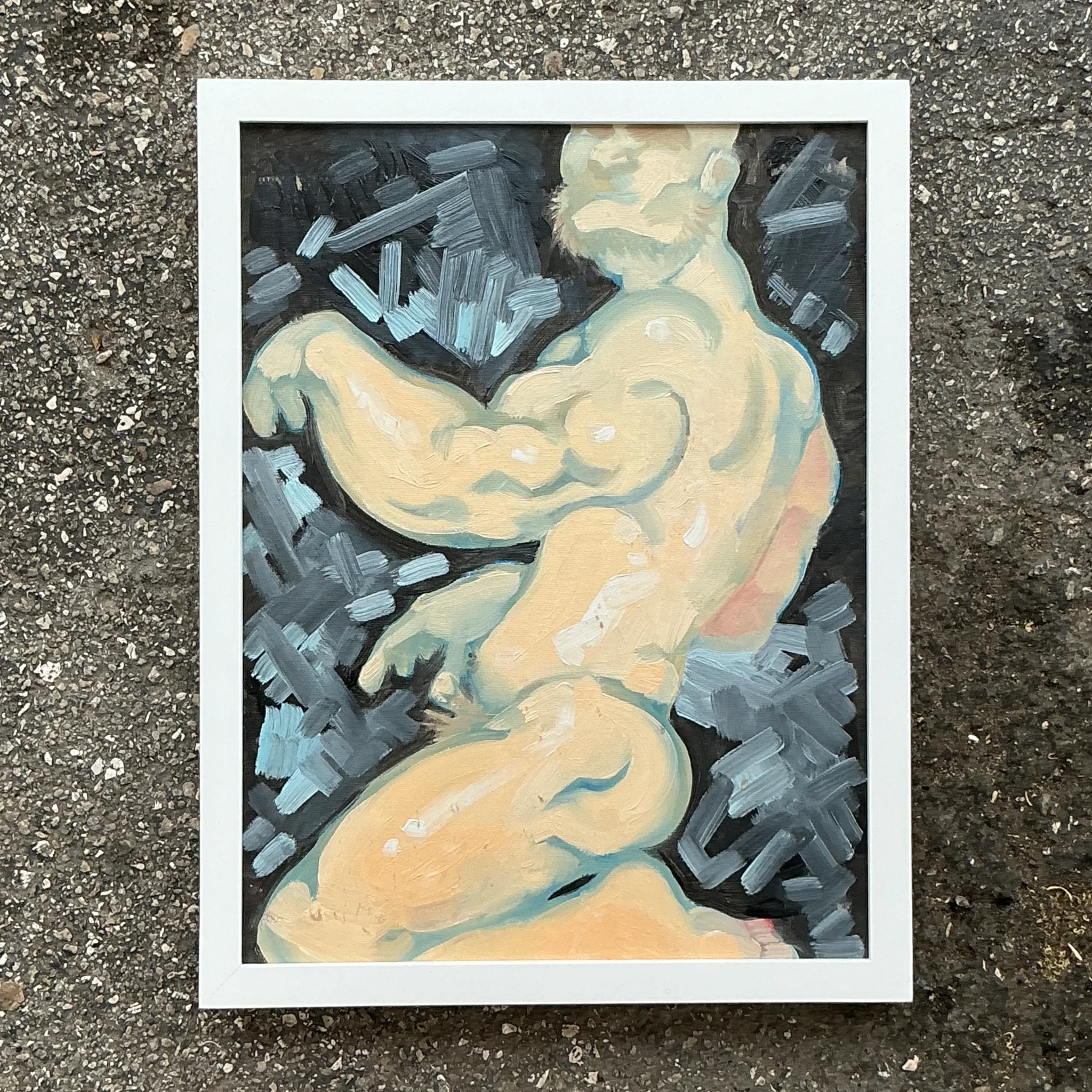Vintage Boho Abstract Figurative Painting on Board - Side view