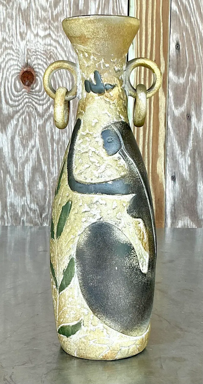 Vintage Boho Abstract Figurative Plaster Vase - Side view