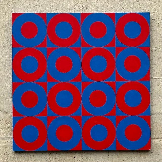 Vintage Boho Abstract Geometric Oil on Canvas - Detail view