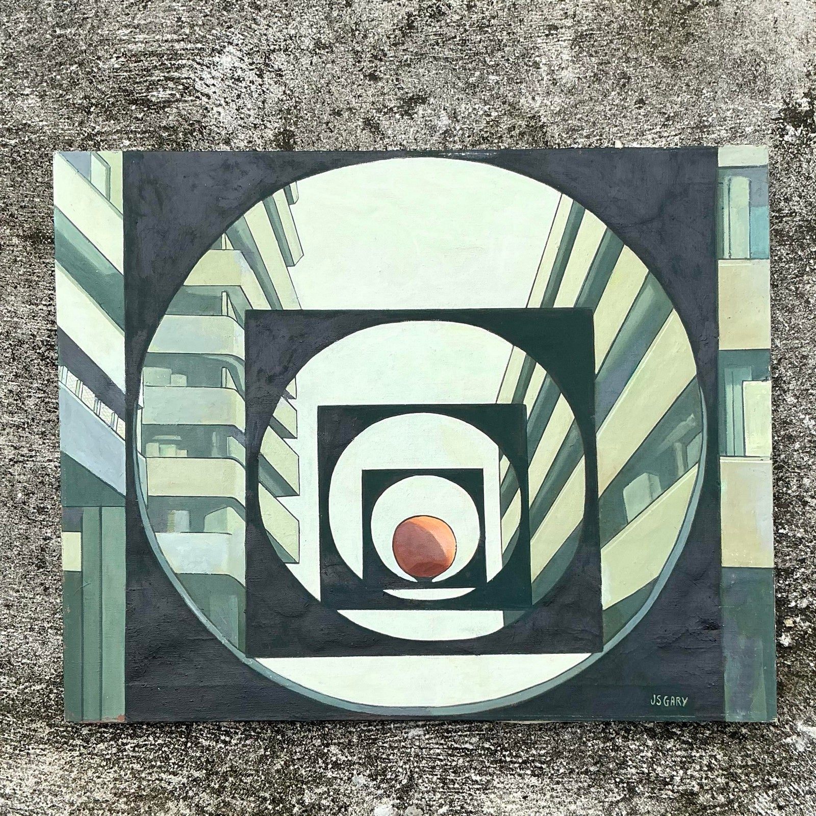 Vintage Boho Abstract Geometric Original Oil Painting on Canvas - Detail view