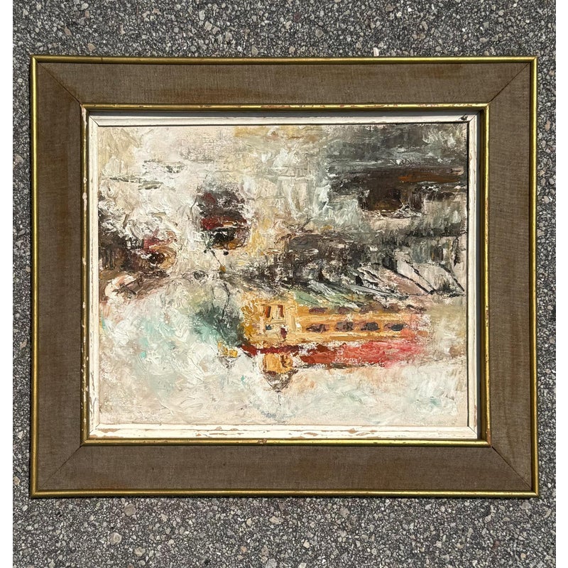 Vintage Boho Abstract Landscape Oil on Canvas - Detail view