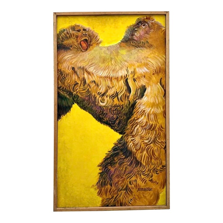 Vintage Boho Abstract Monkey Painting on Canvas